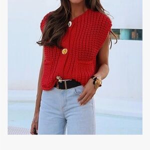 Red Knit Vest with Gold Buttons
